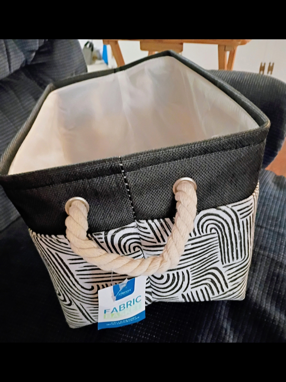 Fabric Canvas Storage Basket with Rope Handles - Black & Cream NWT